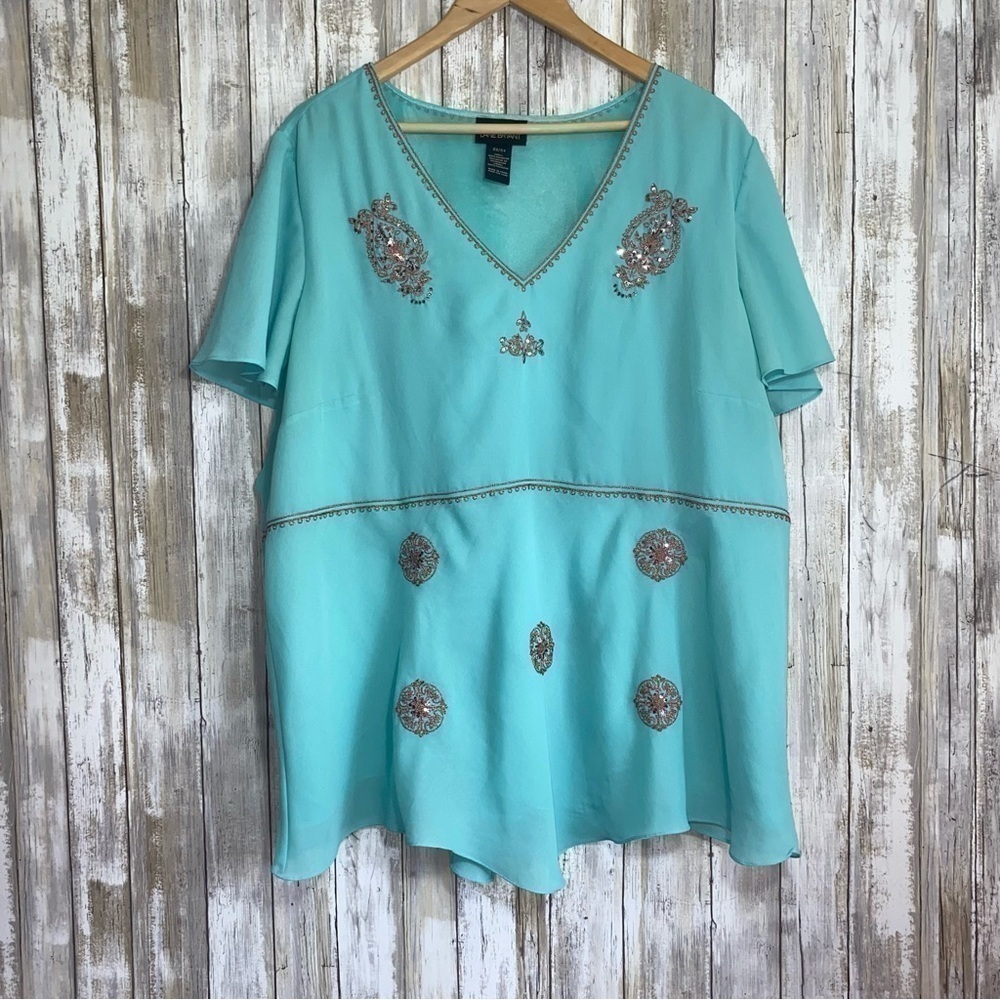Lane Bryant Embellished Sequin V Neck Tunic Blouse Blue Size 18/20 Boho